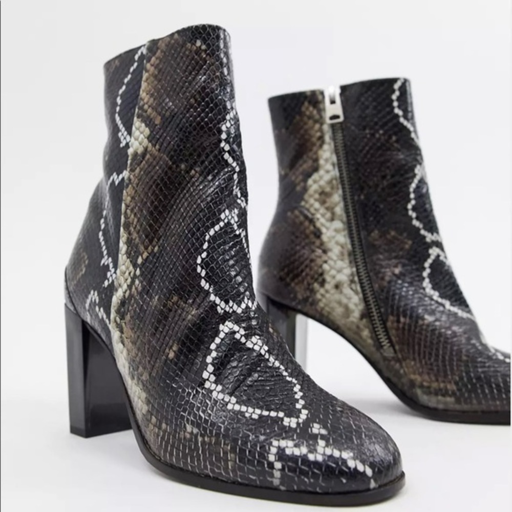 AllSaints Black and Brown Snakeskin Heeled Ankle Boots